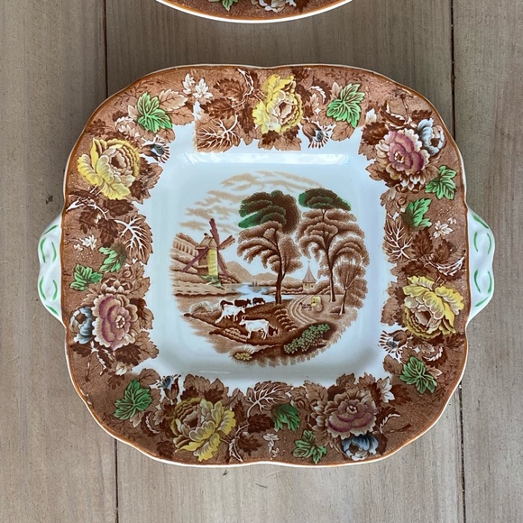 Set of 2 Enoch Woods English Scenery Brown Multicolor Bowl and Square Cake Plate - Picture 4 of 14